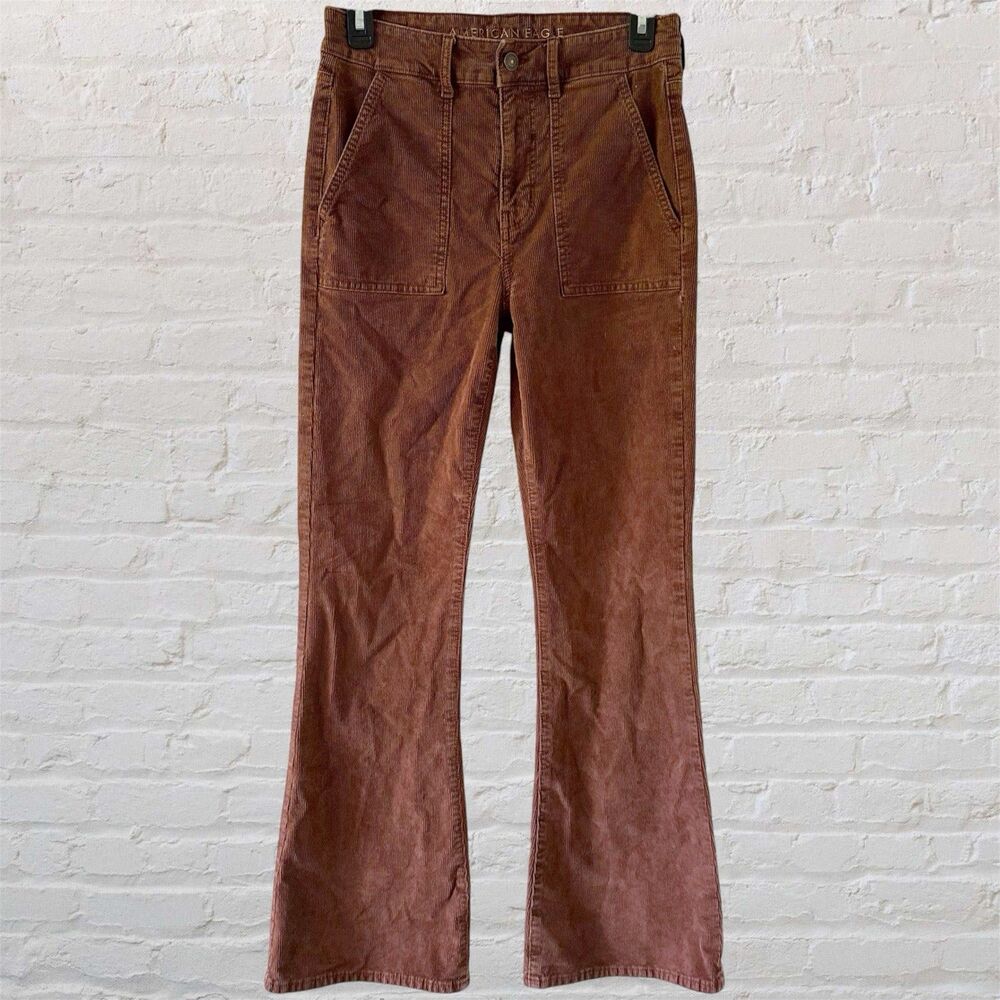 American Eagle Women’s Size 6 Super Hi Rise Flare Pants Brown Corduroy Stretch